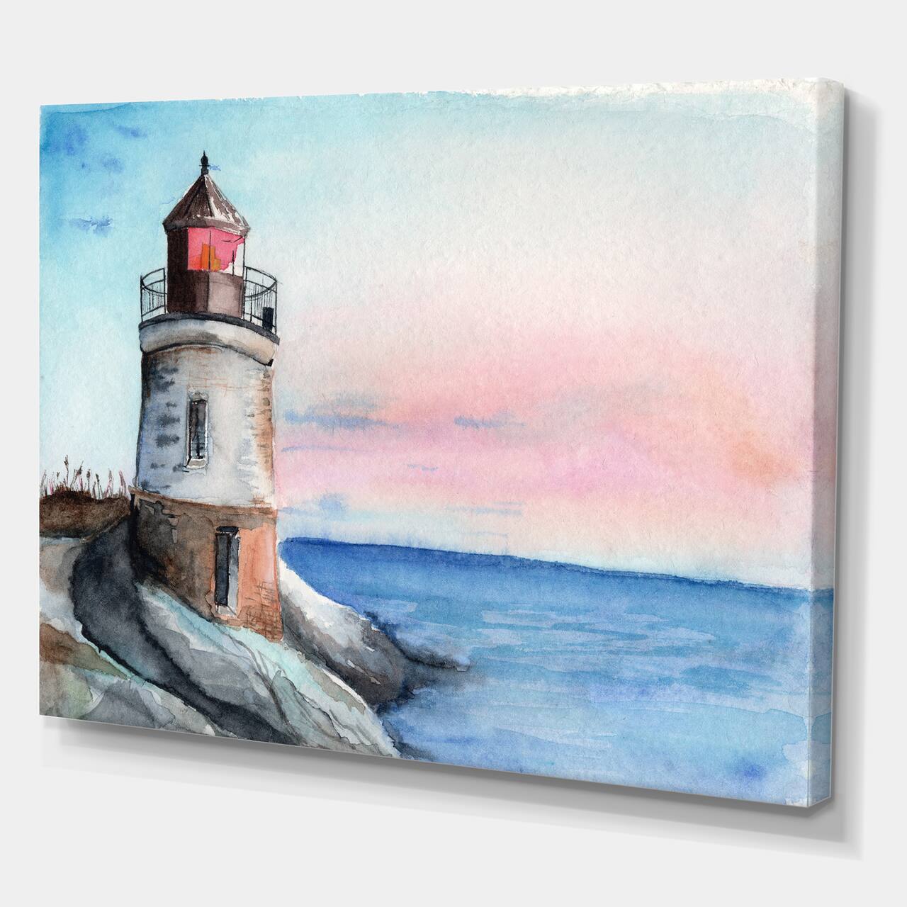 Designart - A Lighthouse On A Rock Shore In Early Morning - Nautical & Coastal Canvas Wall Art Print